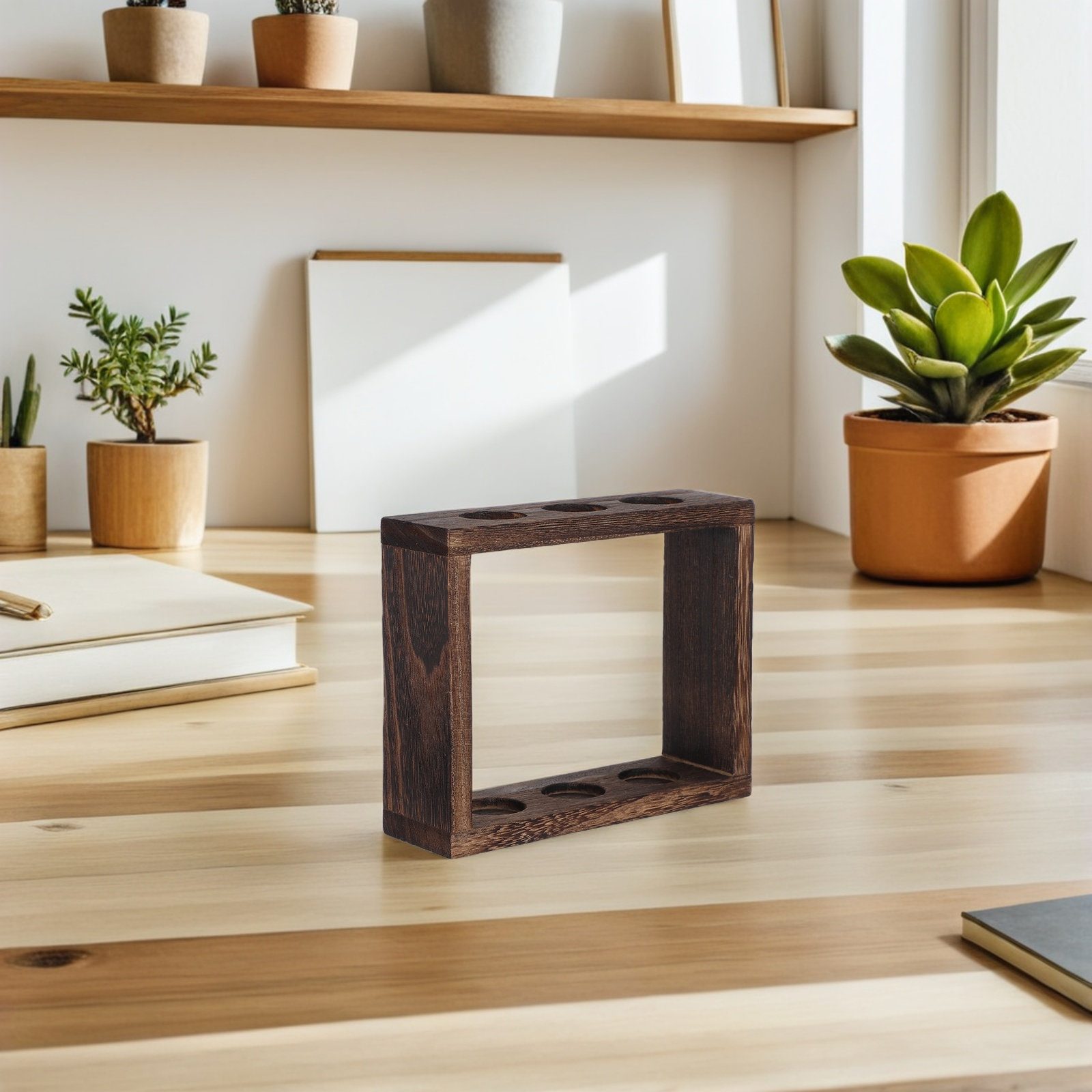 Propagation Station Vase - 卓上型水耕栽培ステーション。ガラス製試験管3本、木製プランターラック、植物の挿し木用の花瓶付き。